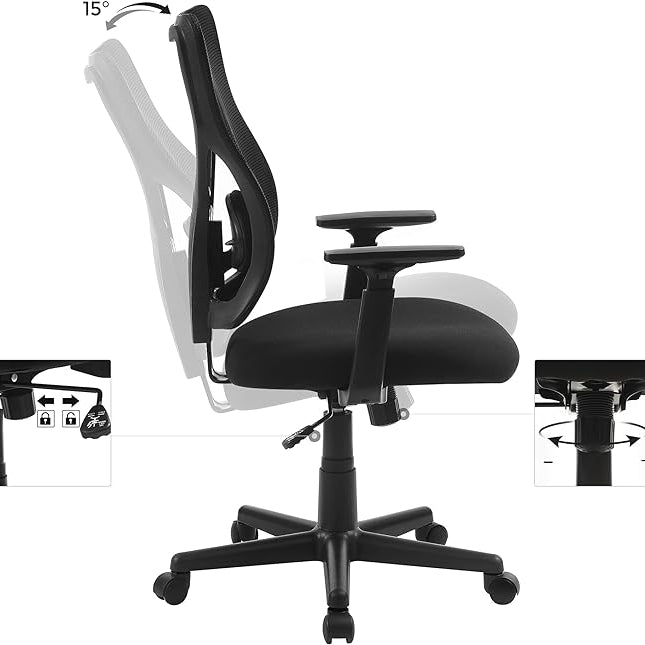 Bureaustoel - Ergonomische Kantoorstoel met Kantelmechanisme - Verstelbare armleuningen - Mesh - De Vries Meubels