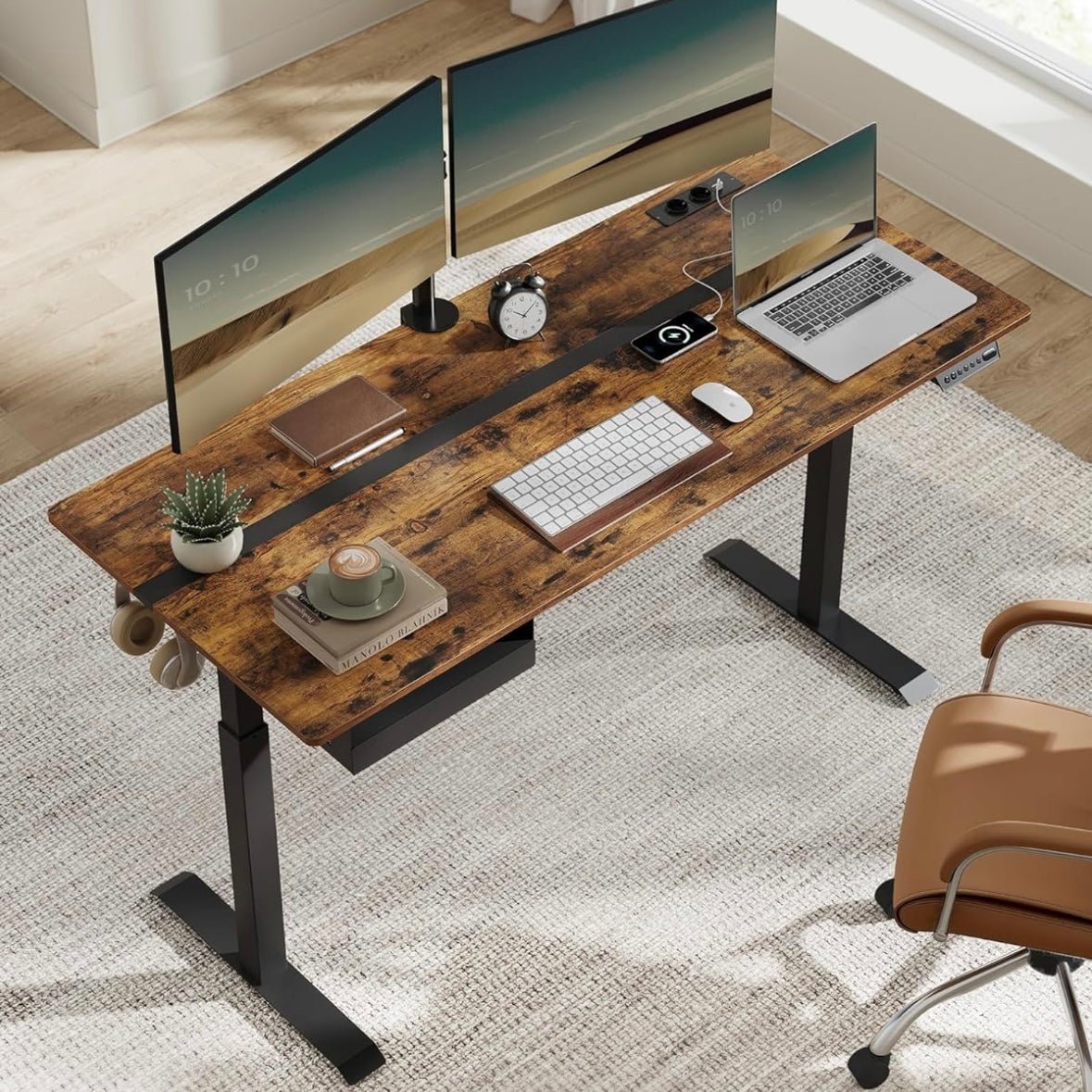 Elektrische Sta Bureau met Geheugenfunctie - Stopcontact - met Lade en Haken - Zit Sta Bureau - De Vries Meubels