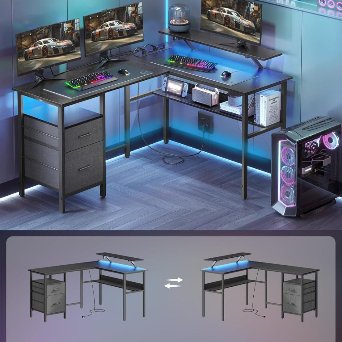 L - vormig Hoekbureau met LED - Verlichting & Stopcontacten - USB - Poorten - Gamebureau - De Vries Meubels