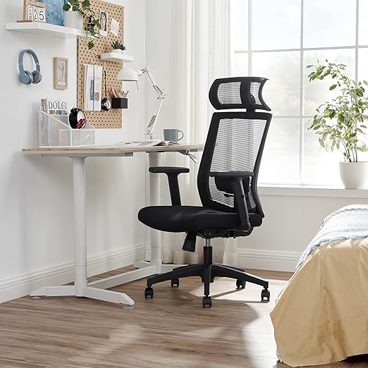 Mesh Bureaustoel - Verstelbare Lendensteun, Hoofdsteun en Armleuningen - Vergrendelbare hellingshoek tot 120° - De Vries Meubels