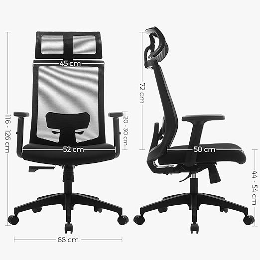 Mesh Bureaustoel - Verstelbare Lendensteun, Hoofdsteun en Armleuningen - Vergrendelbare hellingshoek tot 120° - De Vries Meubels